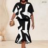 Women Plus Size Black Printed Round Neck Batwing Sleeve Ruffle Hem Top Fishtail Skirt Two Piece Set