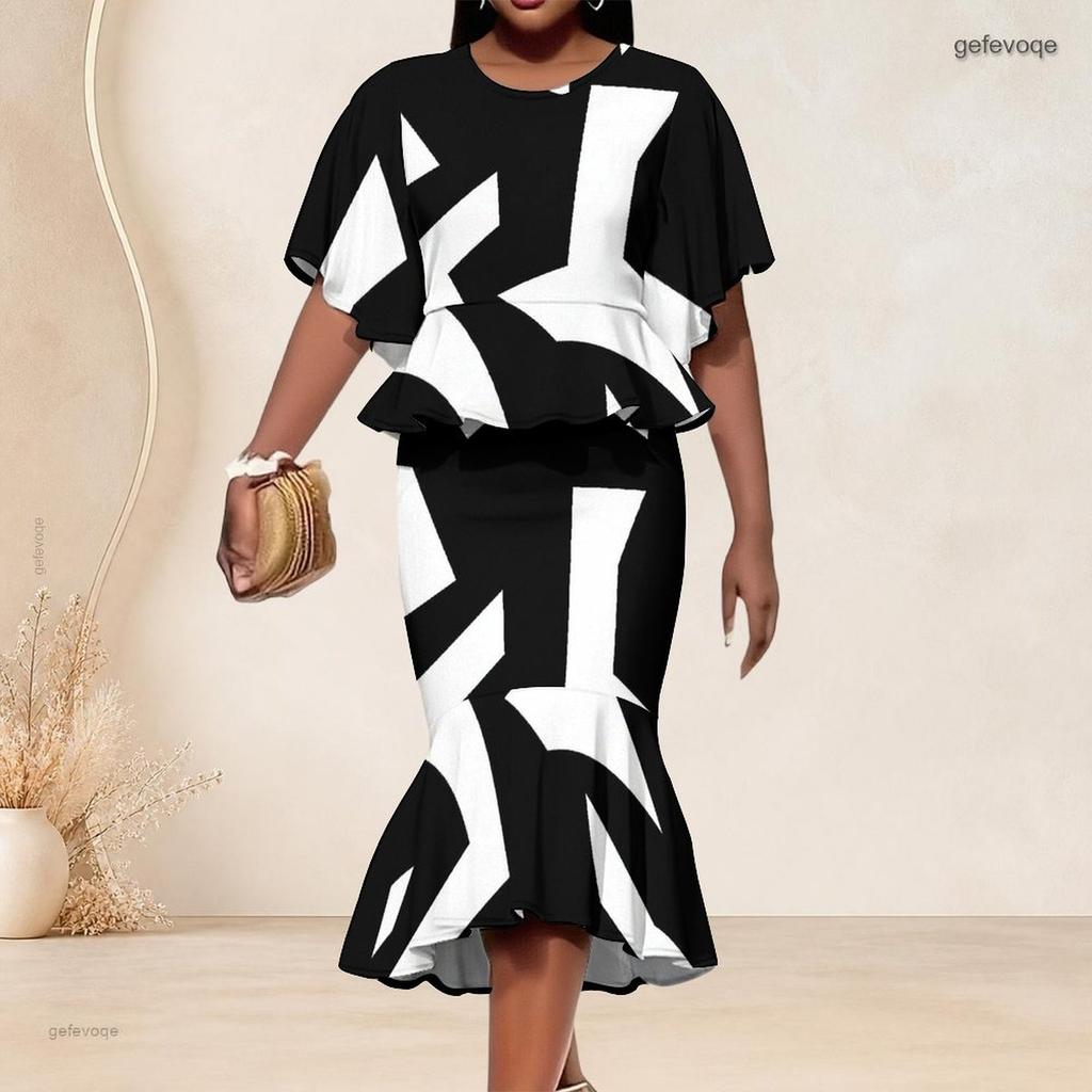 Women Plus Size Black Printed Round Neck Batwing Sleeve Ruffle Hem Top Fishtail Skirt Two Piece Set
