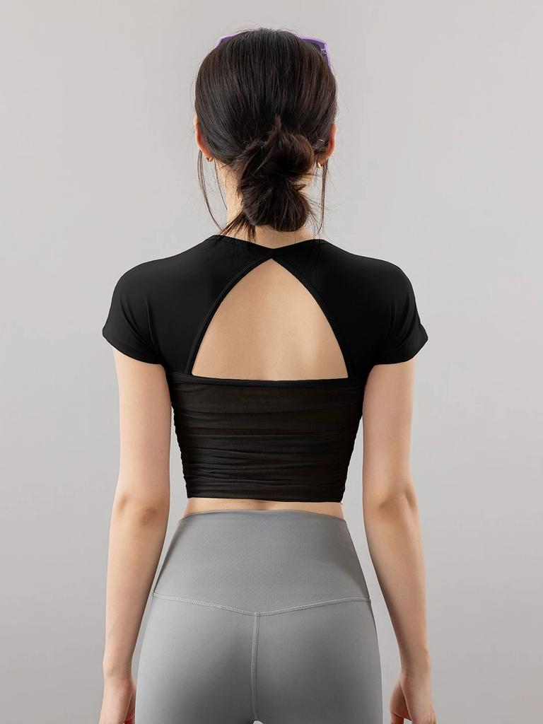 New Fitness Yoga Top with Chest Pads, Short Sleeves, Beautiful Back Design, Breathable, Quick-Dry, Slimming, Suitable for Pilates and Running, Autumn