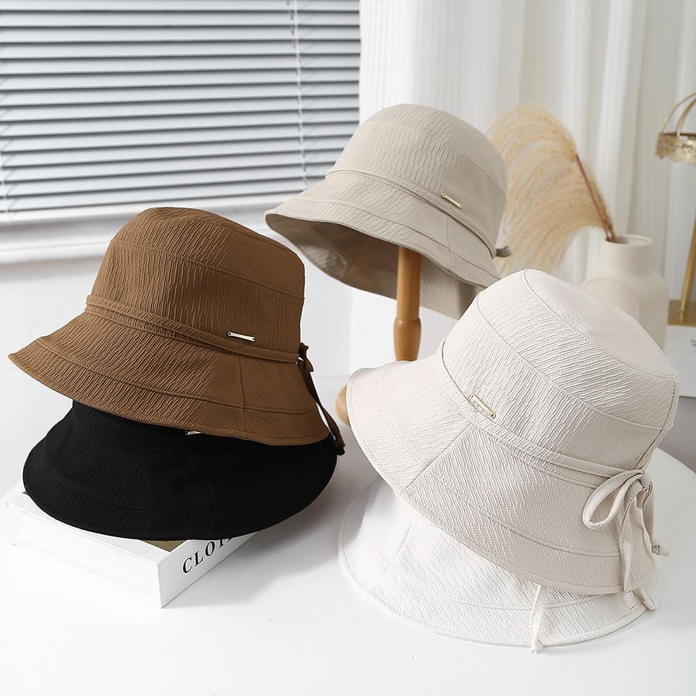 Women's Bucket Hat Foldable Fisherman Cap Korean Style Bow Plaid Spring Summer Sunshade Retro Fashion Cloth Simple Lady Hat New