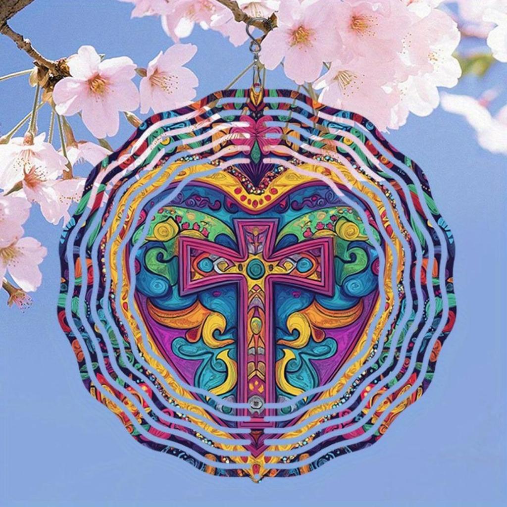 Vintage Medieval Cross Heart Wind Spinner - 2D Colorful Metal Hanging Decor for Indoor/Outdoor Gardens