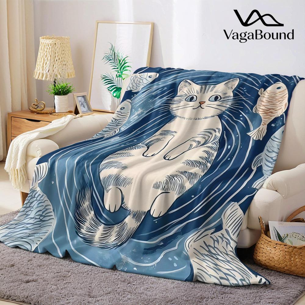 Cat & Fish School Flannel Blanket Warm Soft Halloween Christmas Couch Warm Cozy Decorative Decor Gift for All Season