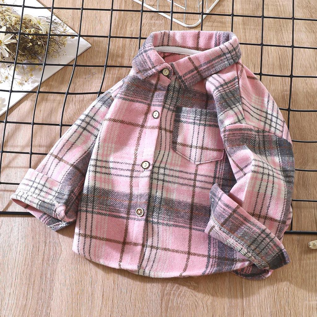 Unisex Retro Plaid Long Sleeve Shirt/Cardigan with Lapel for Kids