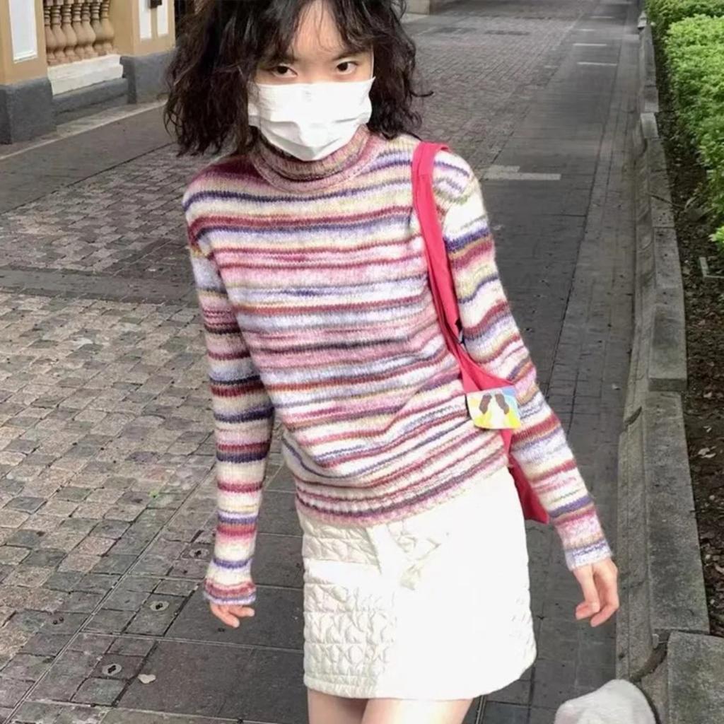 VAYLA Japanese Y2k Turtleneck Sweater Vintage Rainbow Striped Pullover Korean Fashion Knitted Jumper Harajuku Grunge Knitwear