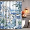 Mediterranean Shower Curtain Blue and White Coastal Village Print Waterproof Polyester Bathroom Decor