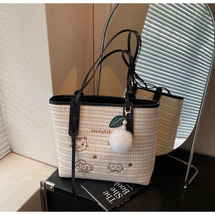 Fashion Woven Large-capacity Bag Women's New Vacation Commuter Shoulder Bag Contrasting Color Straw Woven Tote Bag