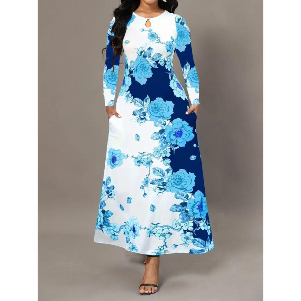 Women's Long Sleeve Round Neck Printed Pocket Long Elegant Dress