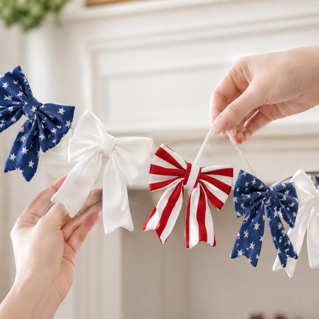 Patriotic Bow Garland Banner for Holiday Ceremony Home Decoration Arch Shaped Hanging Ribbon Bows for Indoor Outdoor Use