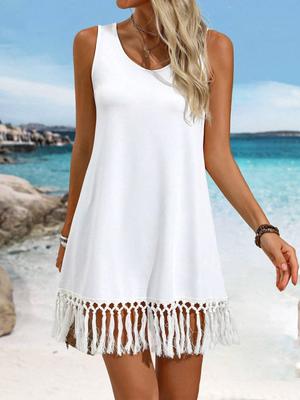 Women's Tassel Hem Sleeveless Dress - Solid Color, European & American Style