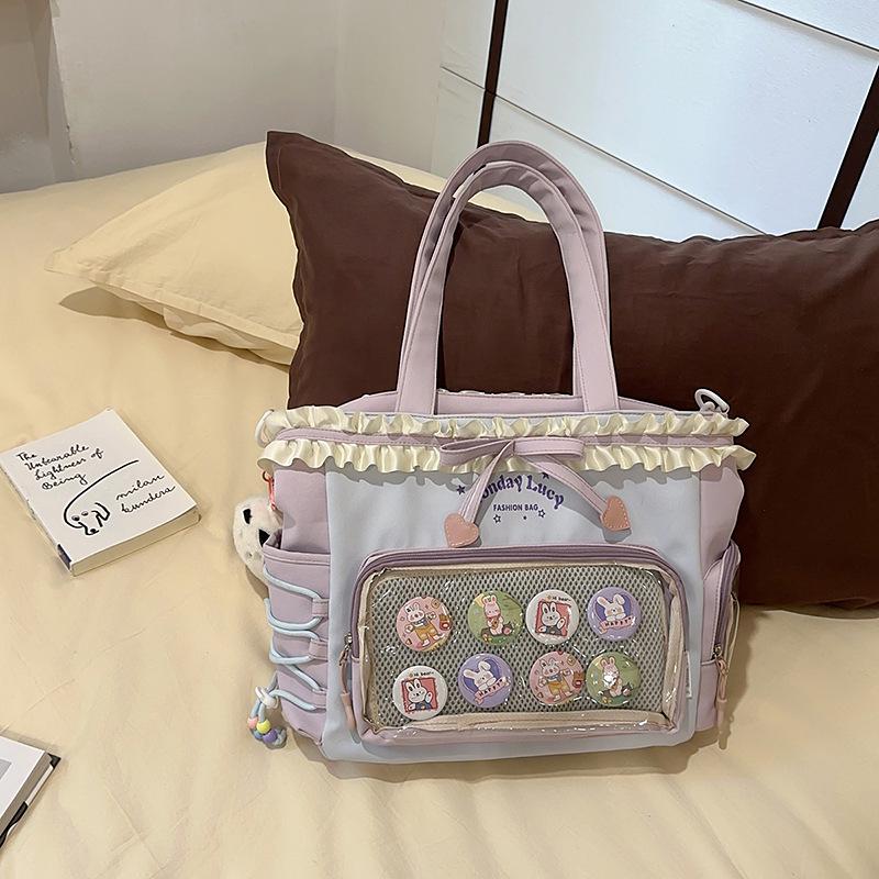Women's Color Block College-Style Backpack with Ballet Ruffle Lace Design
