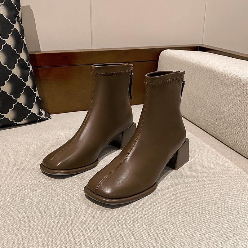 French British style thick heel short women's boots new autumn and winter fashion retro versatile thin high heel short boots women