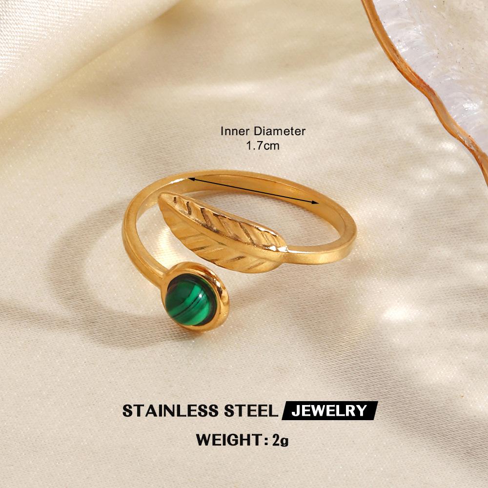 Stainless Steel Green Stone Rings for Women Men Vintage Geometric Metal Heart-Shaped Leaf Circular Open Ring Party Jewelry Gifts