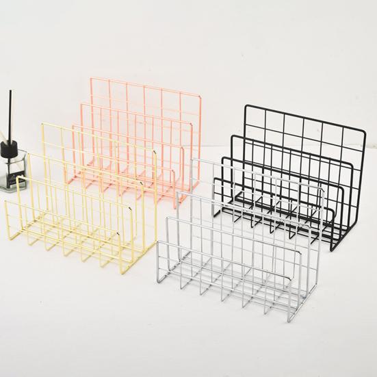 Magazine Holder Book Stand with 3 Vertical Compartments Hollow Design Rustproof Storage Rack Office Desk Organizer