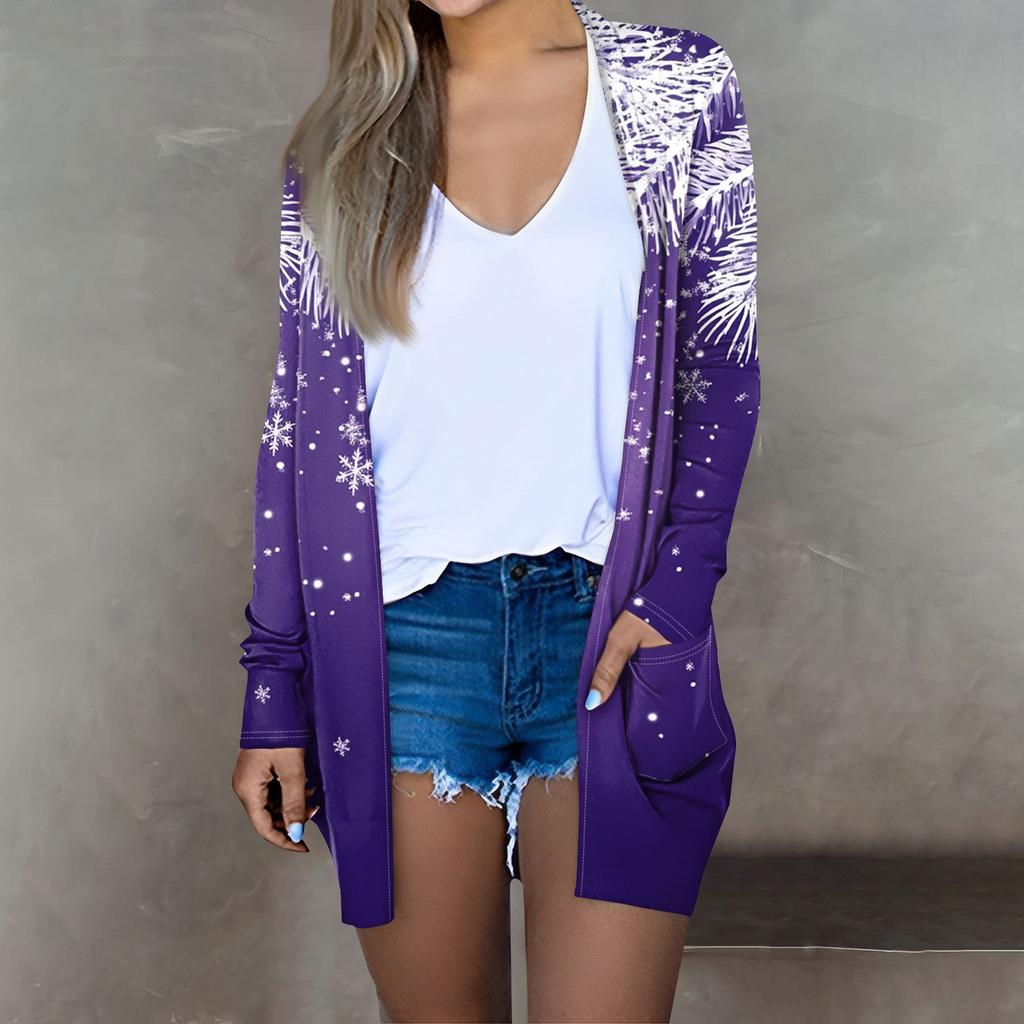 Women's Fashion Casual Christmas Printed Mid-Length Cardigan Long Sleeve Jacket