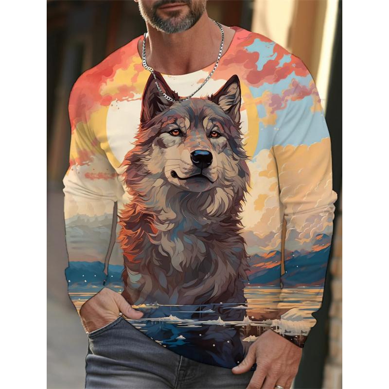 Fashion Men's Crew Neck Long Sleeve 3D Color Printing Summer Casual Long Sleeve Crew Neck T-Shirt