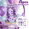 32Pcs Purple Happy Birthday Cake Decorating Set With Disco Balls Stars Hearts And Music Notes For Party Cake Toppers