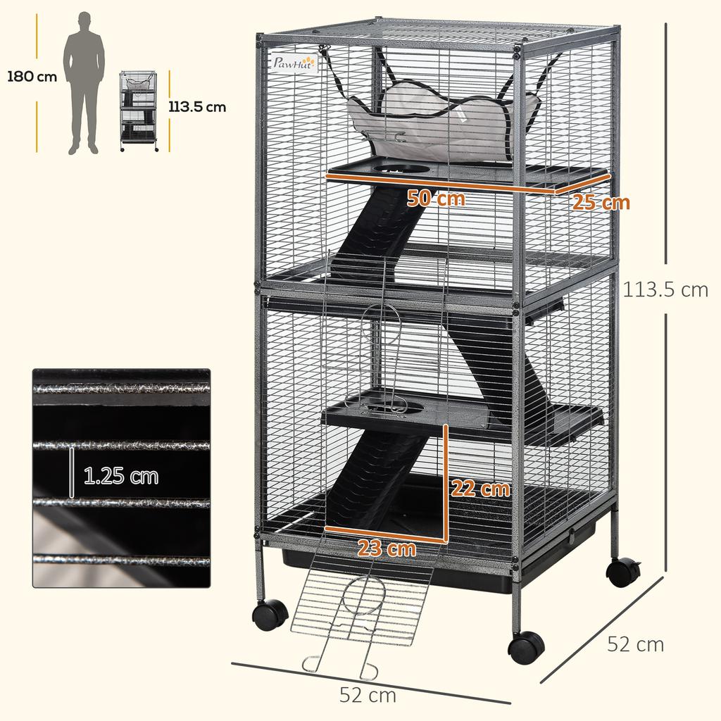 Jaula de Acero para Roedores, Jaula para Cobayas y Chinchillas con 3 Niveles, 4 Ruedas, Hamaca y Bandeja Extraíble, 52 x 52 x 113,5 cm, Gris Plateado