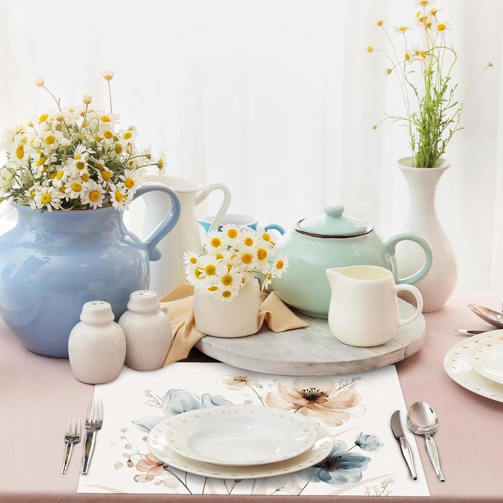 Bonhause Watercolor Floral Placemats Set of 4, 12x18 Inch Blue Brown Flower Leaves Kitchen Dining Table Mats Washable Place Mats for Indoor Outdoor