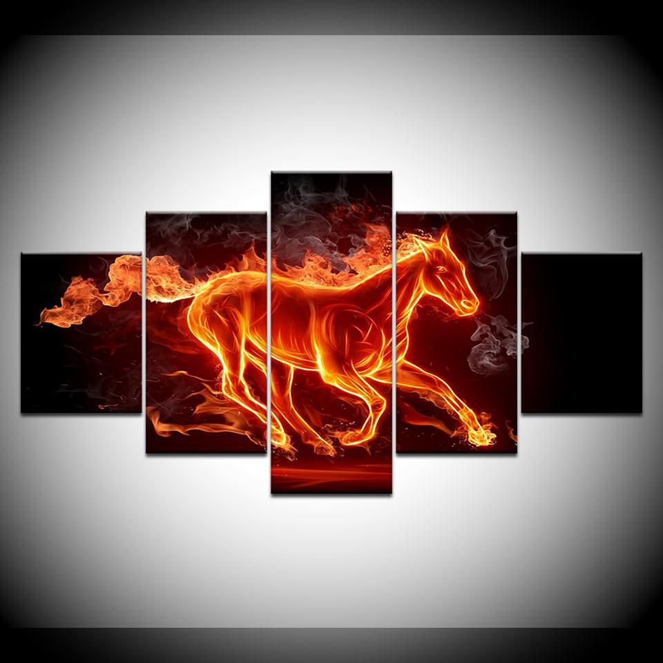 HD Prints 5 Pieces Abstract Fire Horse Wall Art Canvas Paintings Home Decor Flame Animal Posters Living Room