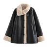 Womens Stylish Faux Leather Double-Sided Jacket Loose Fit Mid-Length Coat Black Winter 2025