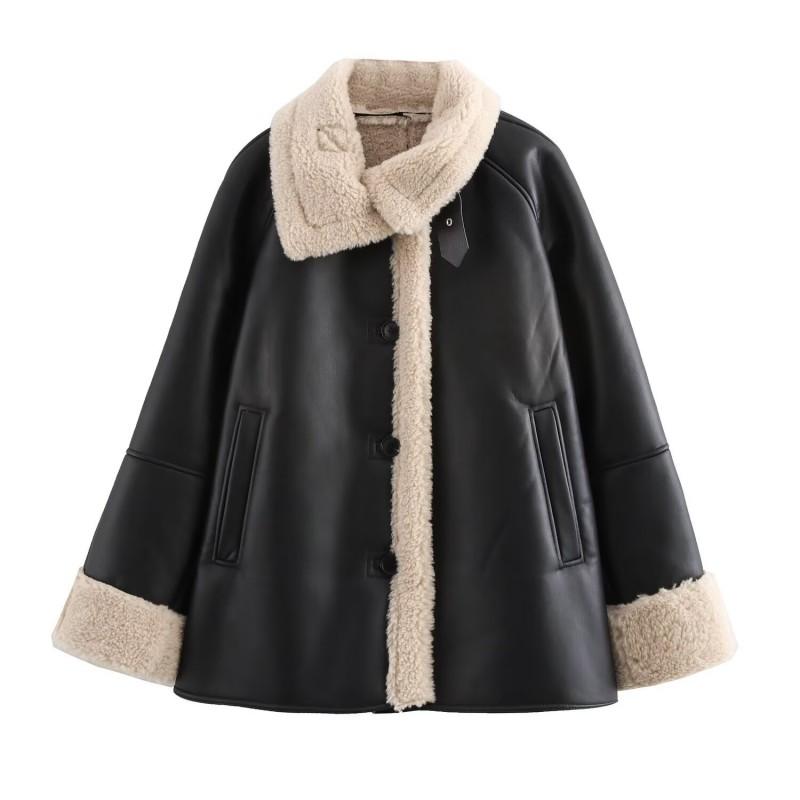 Womens Stylish Faux Leather Double-Sided Jacket Loose Fit Mid-Length Coat Black Winter 2025