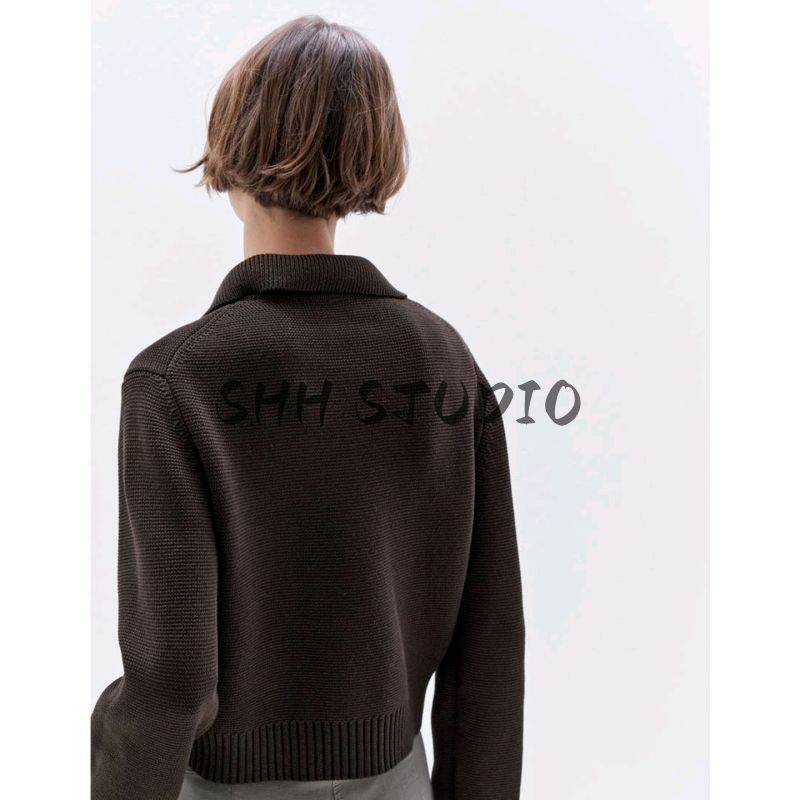 MD Fall Women's Clothing Casual Plain British Style Cotton Blend Double Breasted Lapel Knitting Cardigan 5659575