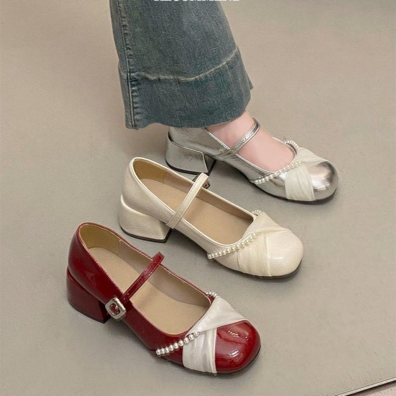 Piękne perłowe czółenka Mary Jane damskie jesienne nowe baletki temperament gruby obcas ze spódnicą skórzane buty