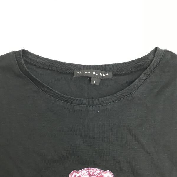 Made In Japan RALPH LAUREN Short Sleeve T-Shirt L Women Black Logo Print Stretch(USED)