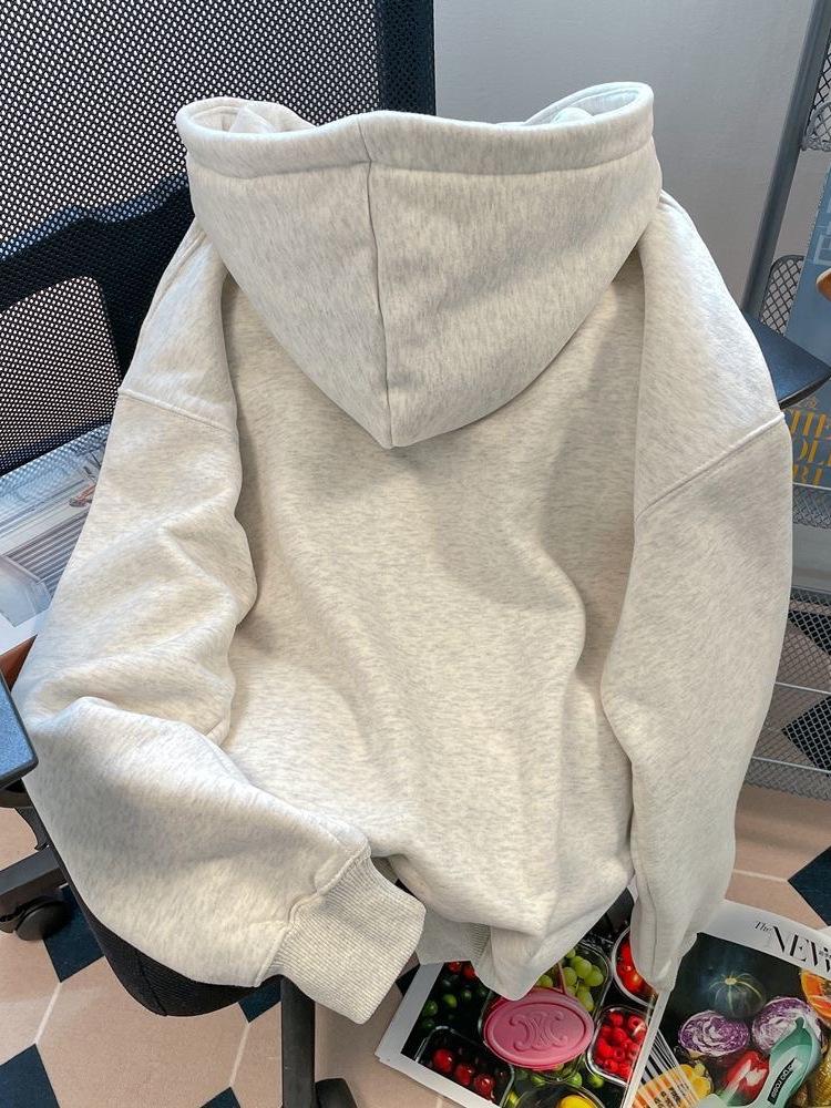 Men's American Style White and Grey Hooded Pullover - 2025 Autumn/Winter New Arrival, Plus Velvet, Trendy Streetwear.