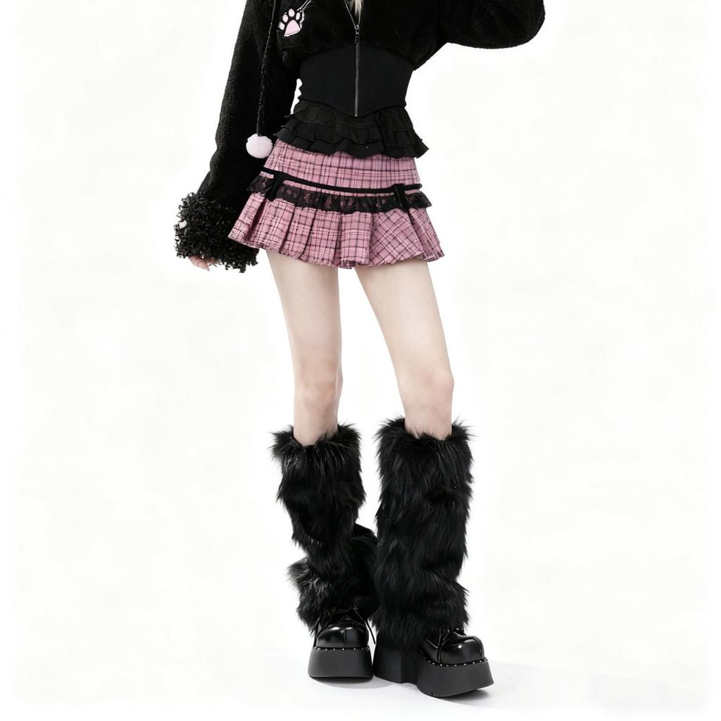 y2k Plush thickened warm leg warmers for autumn and winter, faux fur leg covers, retro subculture style, fluffy and plush