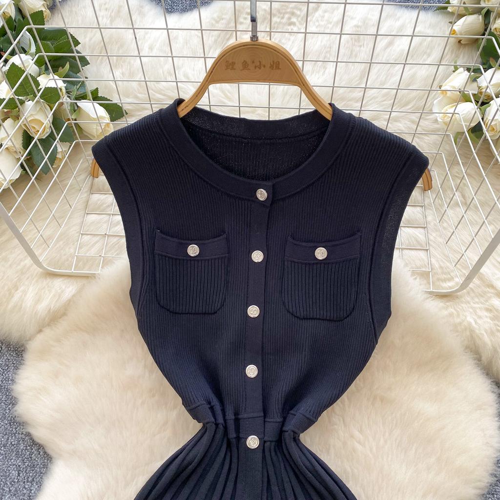 Summer Women Sleeveless Print Designer Runway Dress Single Breasted Knitted Sweater Dresses