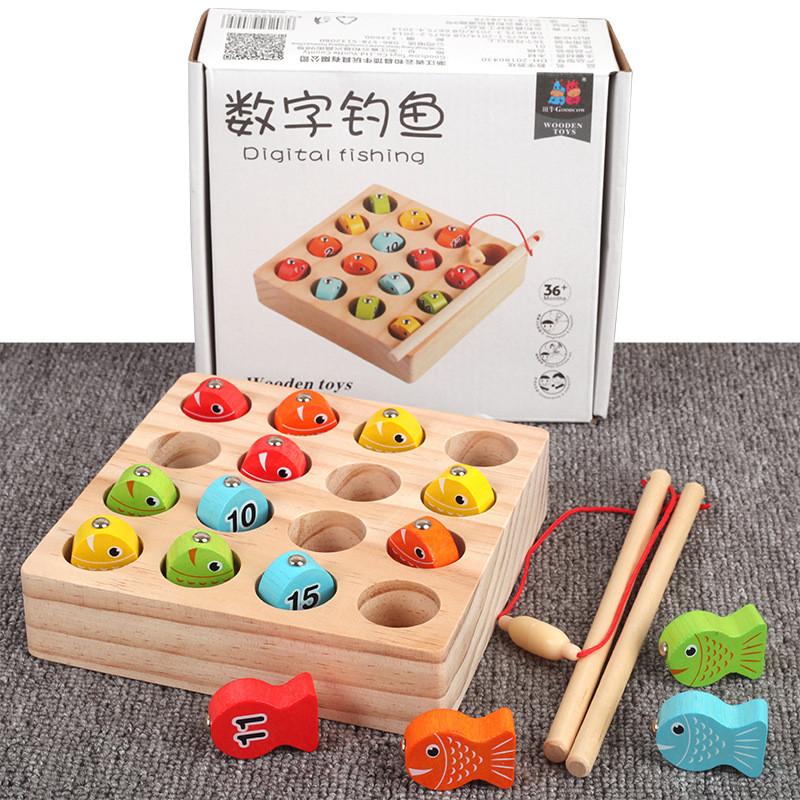 Children Fishing Wooden Puzzle Game Toy With Magnetic Catch And Plates Number