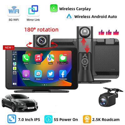 7" 2K DVR Rotating Len Wireless CarPlay & Android With Front Rear Camera  Auto Dash DVR Night Vision Rear View Mirror BT FM