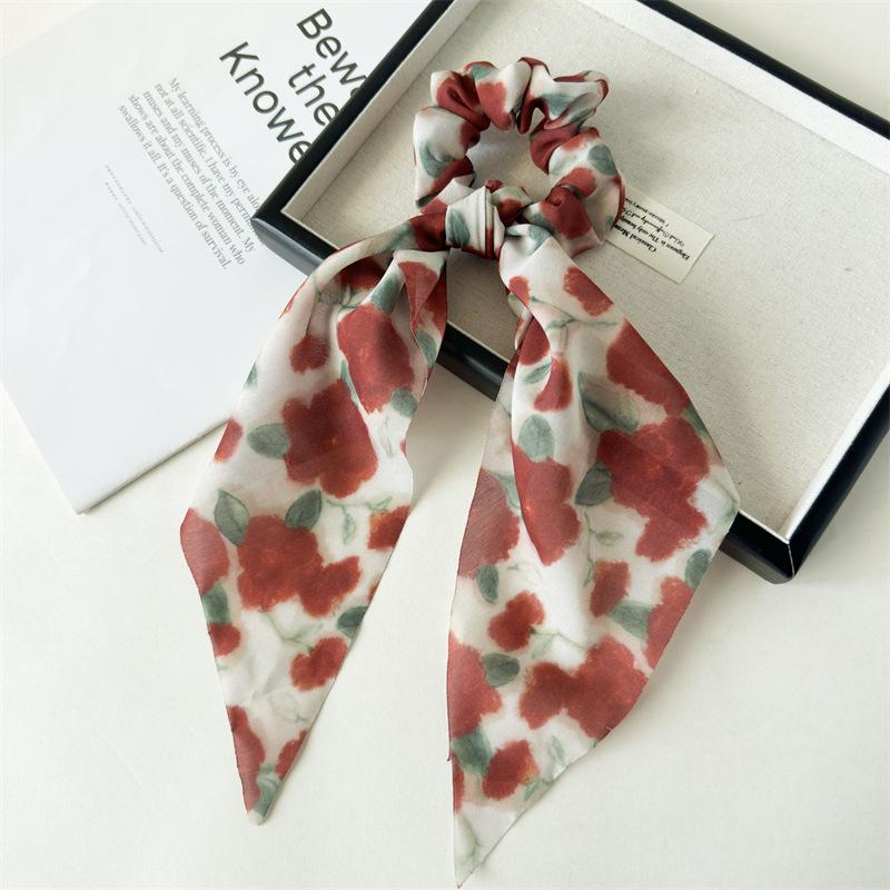 Artistic Oil Painting Style Ribbon Scrunchies Colorful Floral Print Hair Ties With Long Streamer Elegant Headwear For Art Lovers