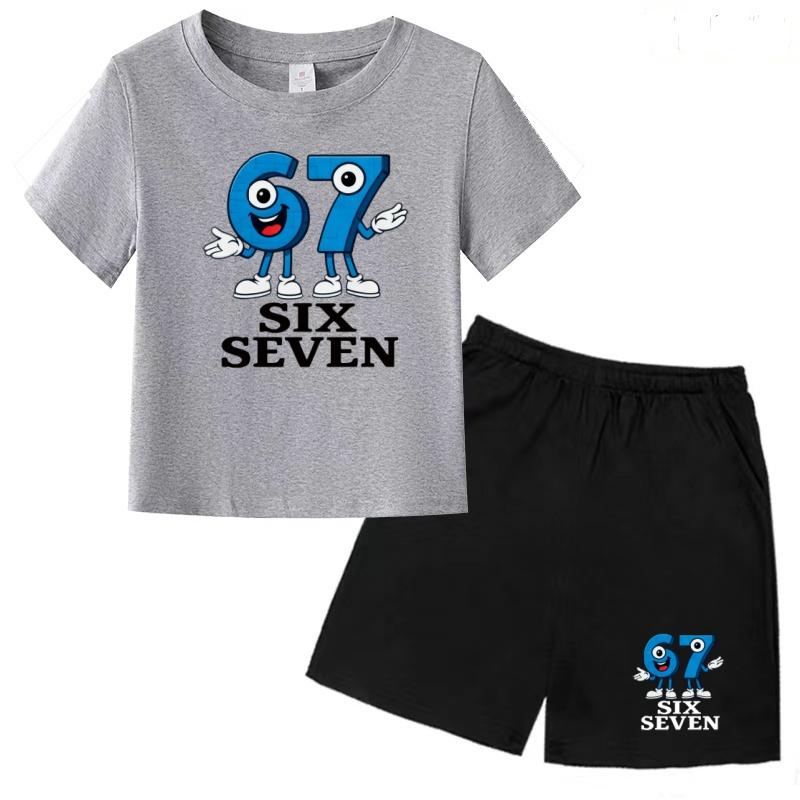 Children Summer Six Seven 67 Cartoon Print Casual Set Clothes T-shirt+Shorts 2P Charming Boy Girl Toddler 3-12 Yrs Short-sleeved