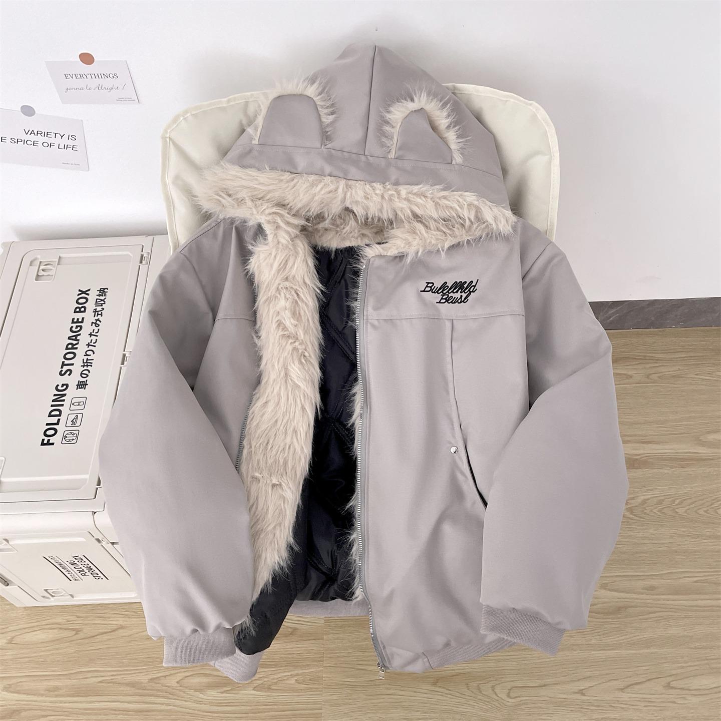 

Men s Winter Suede Cotton Jacket with Rabbit Fur Collar, Thick Padded, Loose Fit, Trendy Zipper Outerwear. Large сірий колір