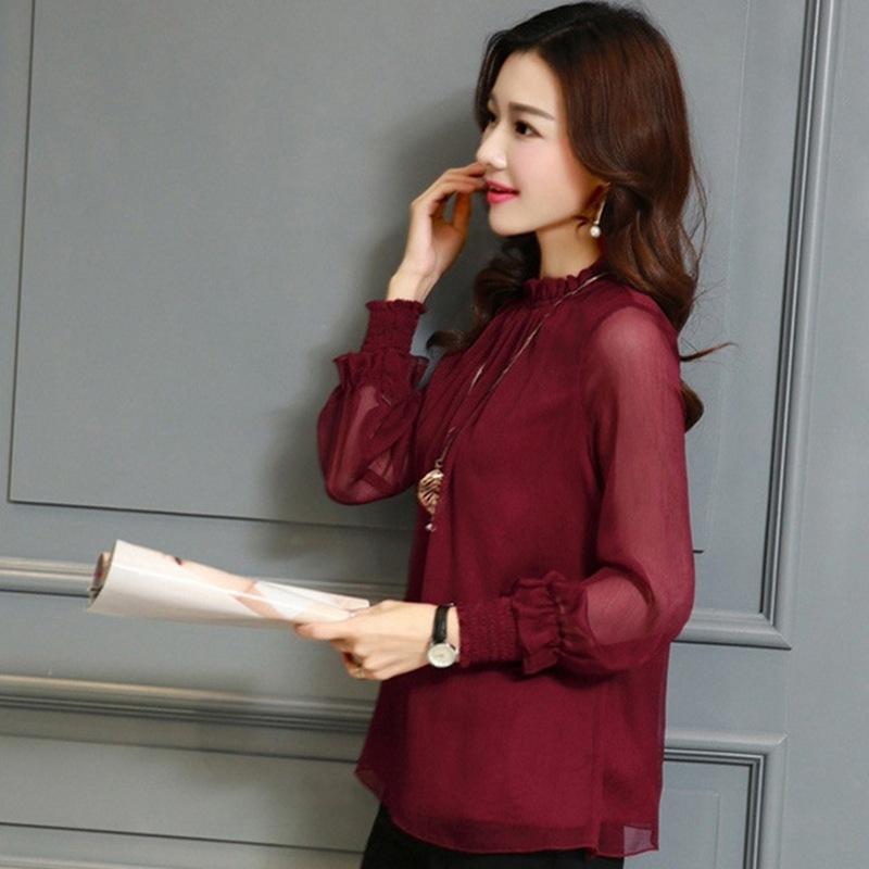 

Весенне-летняя кружевная шифоновая рубашка женская сетчатая с оборками, длинный рукав, модный повседневный топ, элегантные белые зеленые топы, блузка XS вино красного