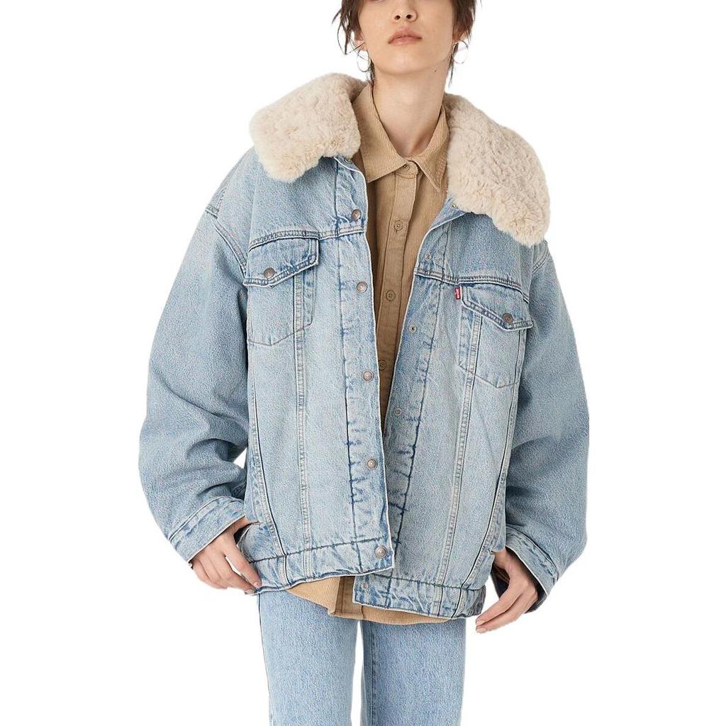 Levis FW22 Lässige einfarbige Lammwollkragen lockere Jeansjacke Damenjacken Blau A3484-0000