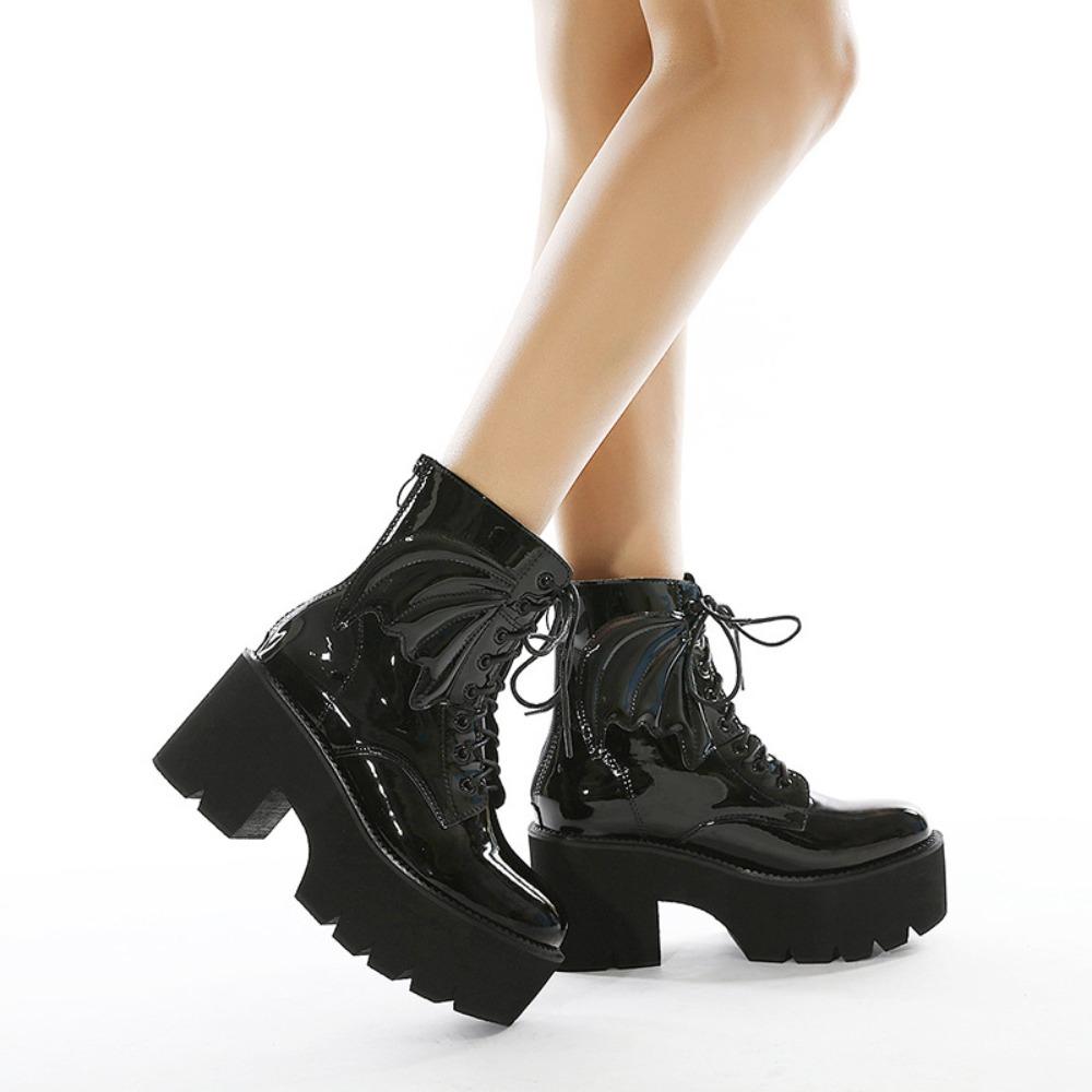 Fashion Comemore Women's Boots Black Back Zipper Chunky Heel Boots Goth Style Lace Up Solid Color Platform Short Botas for Women Fashion