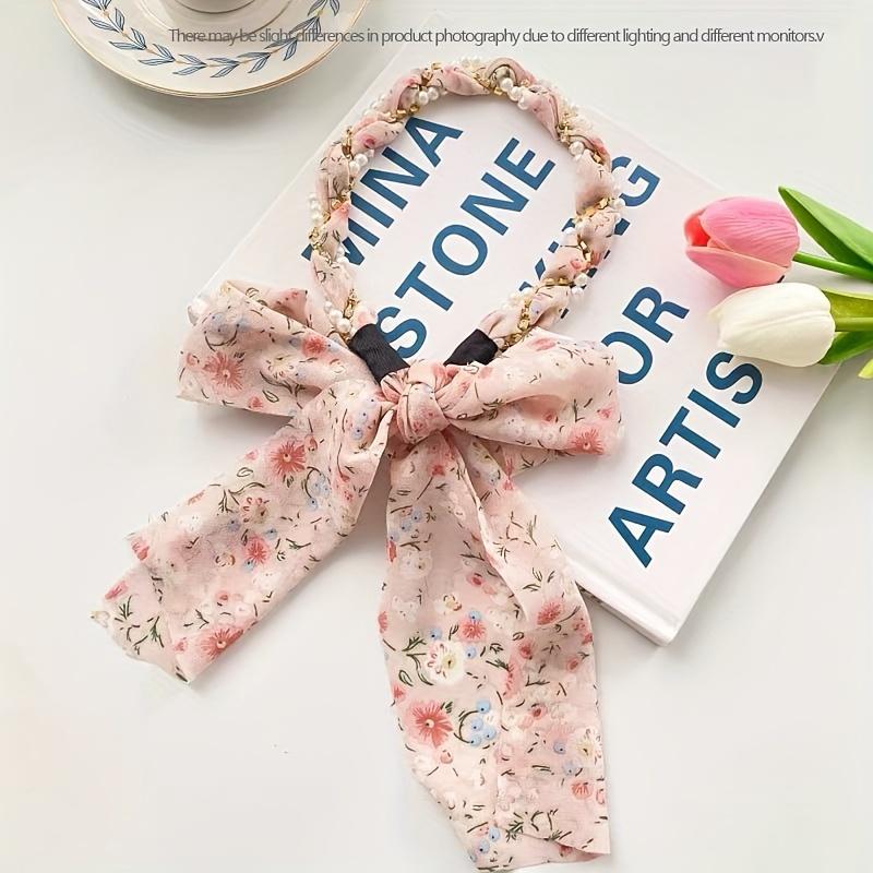 

1pc Floral Embellished -Like Polyester Headband for Women - Summer Hair Band with Long Streamers