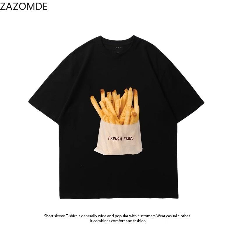 ZAZOMDE Vintage French Fries Oversized Tshirt Loose Fit Short Sleeve Tees Aesthetic Casual Daily Wear Fast Food Pattern Tops