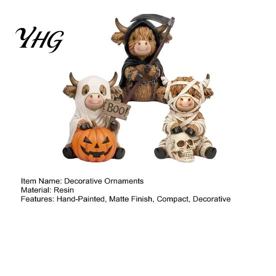 Dark Style Resin Figurine 3Pcs Halloween Highland Cow Figurines, Cattle Statues of Grim Reaper, Modern Farmhouse Table Decor Mummy & Ghost,