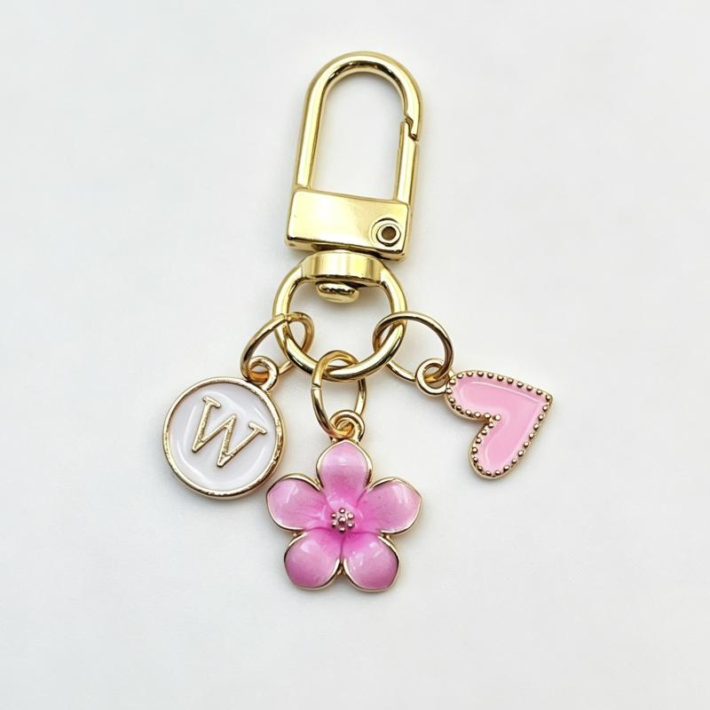 A-Z Letter Charm Enamel Keychain Pink Cherry Blossom Heart Design Key Ring for Graduation Souvenir Gift