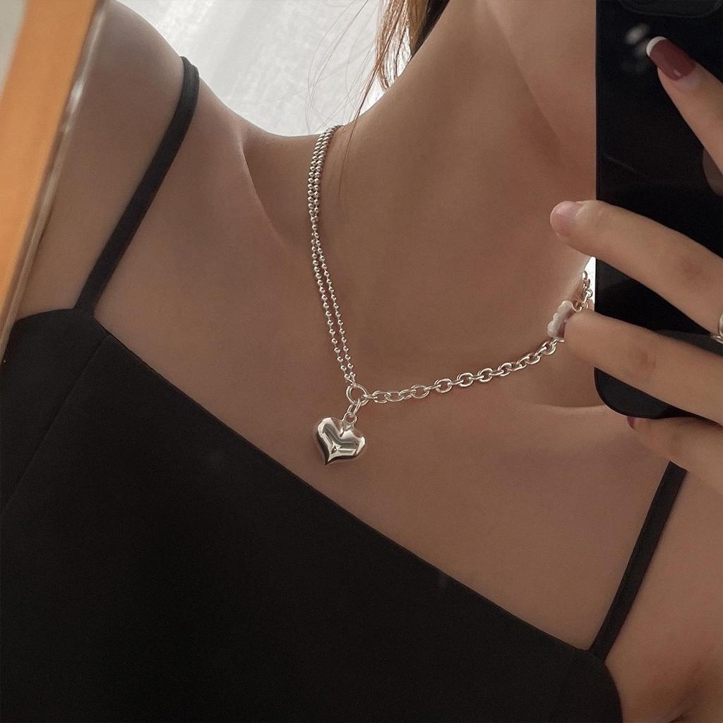 Korean Inspired Sweetheart Double Layer Necklace - Retro Peach Heart Clavicle and Creative Sweater Chain for Women