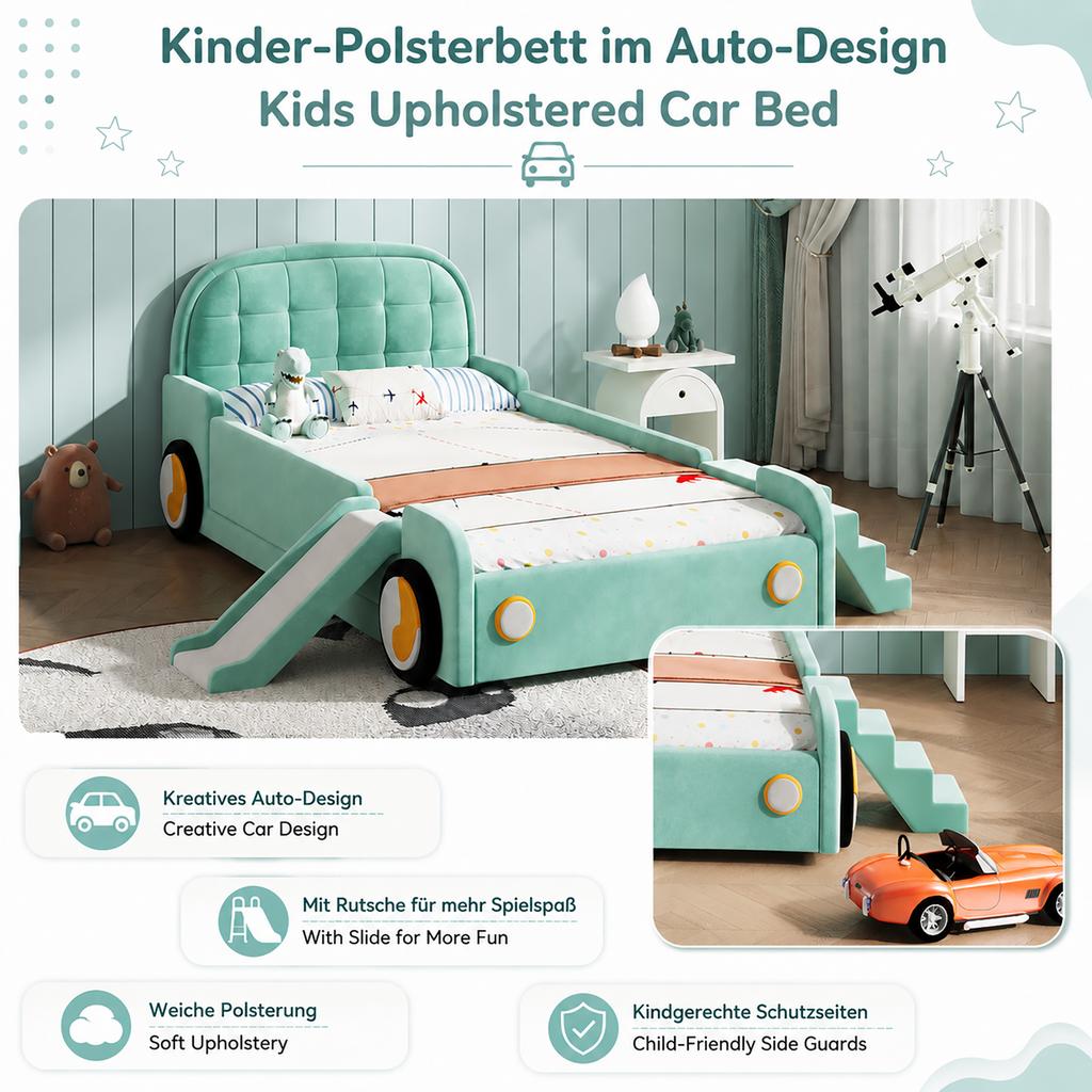 Bett, Autofahrerbett mit Rutsche und Treppe, Links/Rechts montierbar, Polsterbett in Petrol, Spielbett mit Absturzsicherung für Kinderzimmer, 90x200 cm