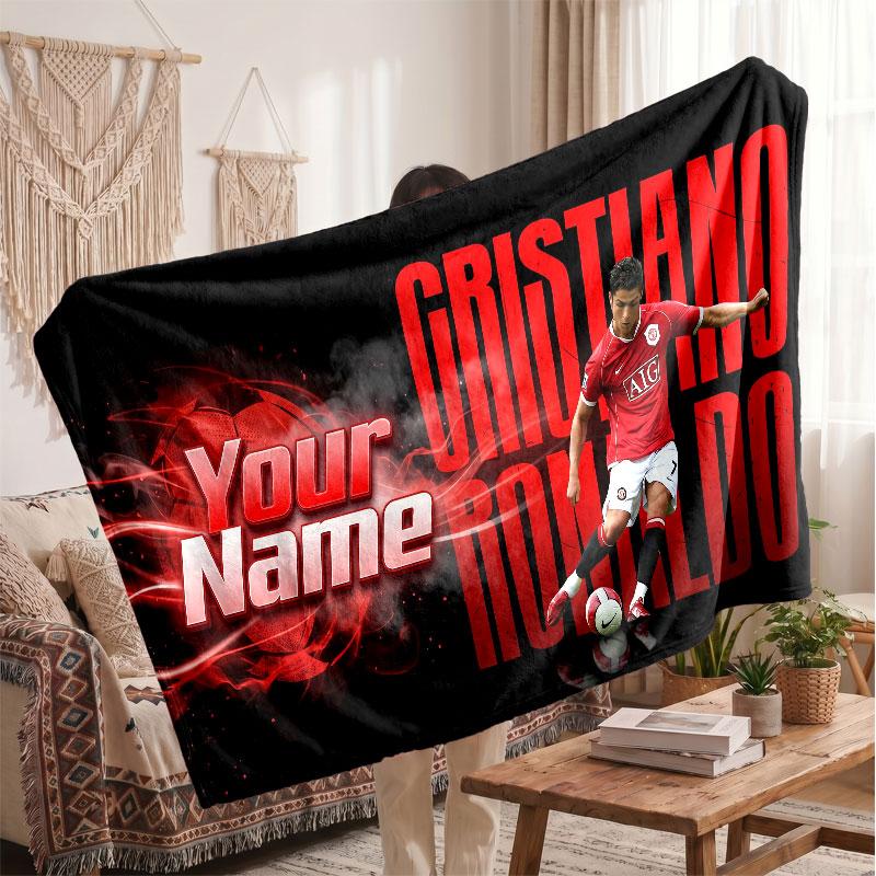 Cristiano Ronaldo Personalized Fleece Blanket With Football Logo, Custom Name Text Soft Warm Home Throw Blanket