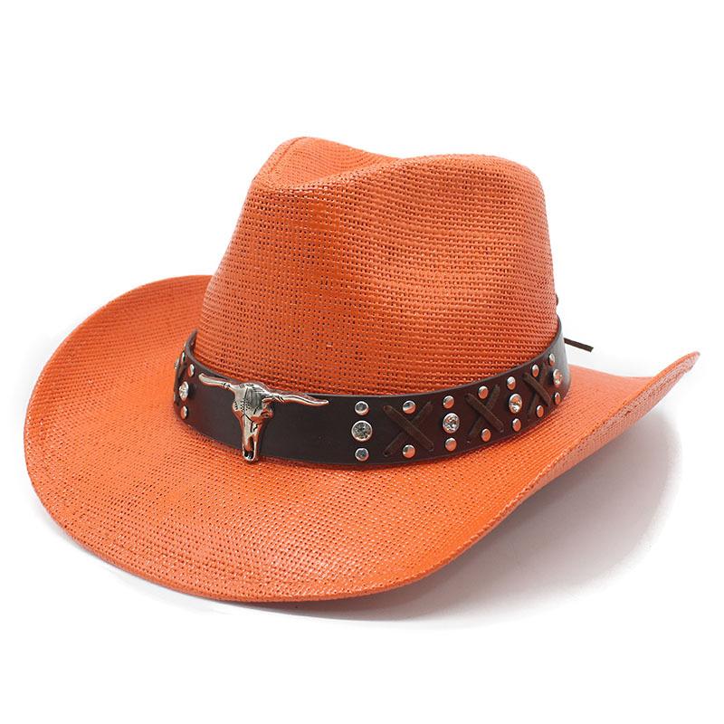 Retro bull head decorative straw hat hot-selling straw woven western cowboy hat men's and women's summer sun hat