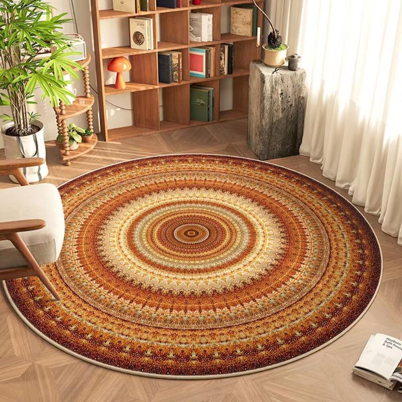 Bohemian Rond Tapijt Kleurrijk Mandala Ontwerp Oranje Bruin Beige Etnisch Patroon Vloerkleed Voor Huisdecoratie 120x120cm