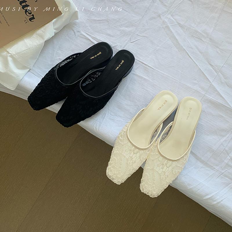 Women‘s Summer New Sandals Casual Slip on Lady Mules Mesh Low Heel Comfort Slippers Square Toe Slingback Ladies Flat Sandals
