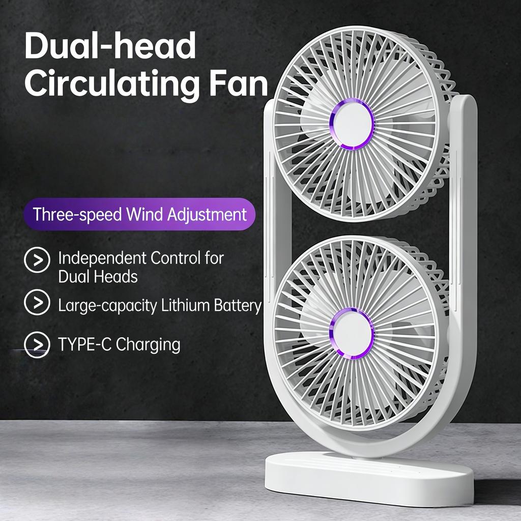 Portable Desk Dual Head Air Circulator Fan 3-Speed Independent Control 180 Rotation Type-C Rechargeable Home Office Tent